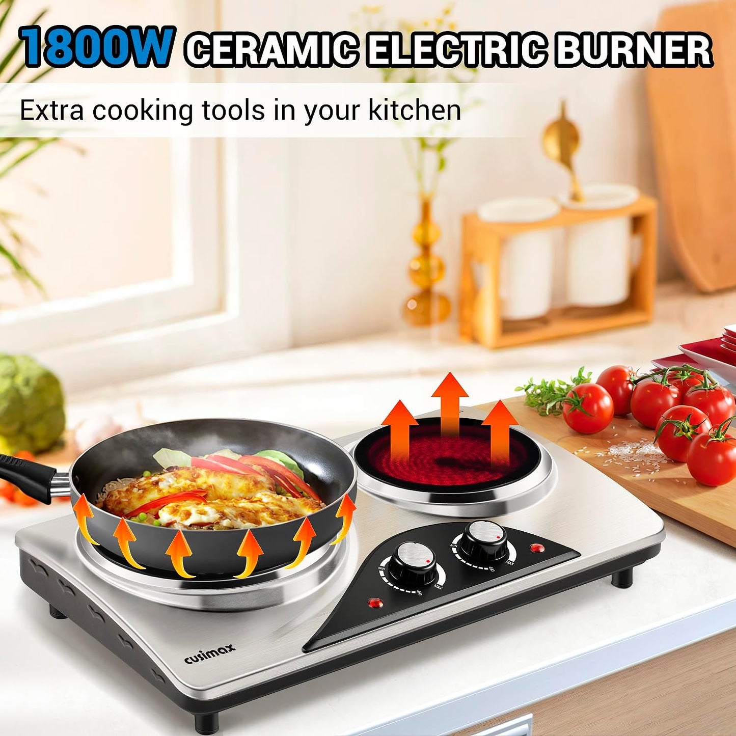 CUSIMAX Electric Hot Plate for Cooking Portable Single Burner 1500W Cast Iron hot plates Heat-up in Seconds Adjustable Temperature Control Stainless Steel Non-Slip Rubber Feet Upgraded Version B101