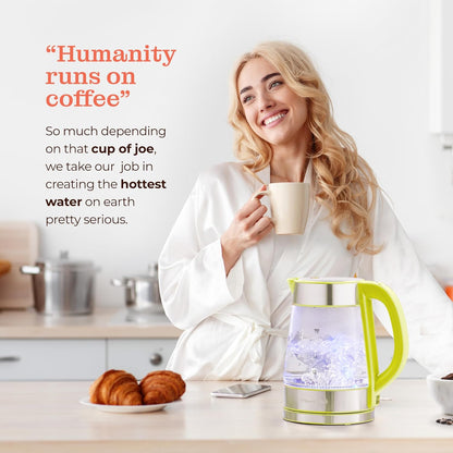 Speed-Boil Electric Kettle For Coffee & Tea - 1.7L Water Boiler 1500W, Borosilicate Glass, Easy Clean Wide Opening, Auto Shut-Off, Cool Touch Handle, LED Light. 360° Rotation, Boil Dry Protection