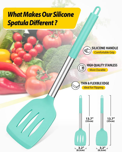 Pack of 2 Silicone Solid Turner,Non Stick Slotted Kitchen Spatulas,High Heat Resistant BPA Free Cooking Utensils,Ideal Cookware for Fish,Eggs,Pancakes (Black)