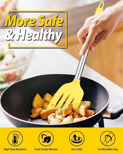 Pack of 2 Silicone Solid Turner,Non Stick Slotted Kitchen Spatulas,High Heat Resistant BPA Free Cooking Utensils,Ideal Cookware for Fish,Eggs,Pancakes (Black)
