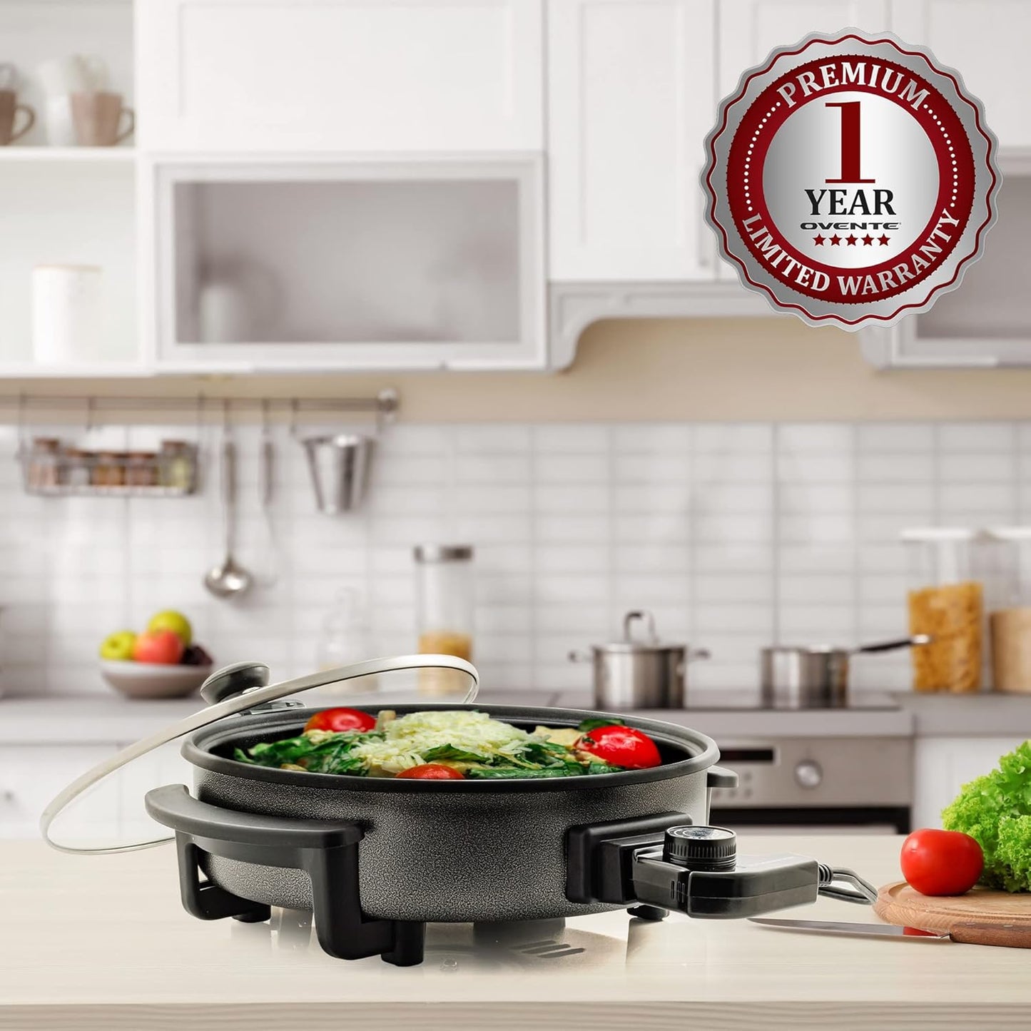 OVENTE 12 Inch Electric Skillet and Frying Pan with Nonstick Coating, 1400W Power, Adjustable Temperature Control, Tempered Glass Lid with Vent and Cool Touch Handles, Black SK11112B