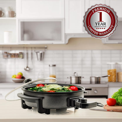 OVENTE 12 Inch Electric Skillet and Frying Pan with Nonstick Coating, 1400W Power, Adjustable Temperature Control, Tempered Glass Lid with Vent and Cool Touch Handles, Black SK11112B