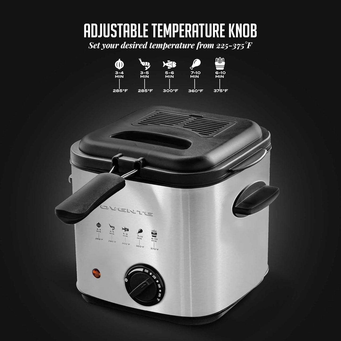 OVENTE Electric Deep Fryer 2 Liter Capacity, 1500 Watt Lid with Viewing Window and Odor Filter, Adjustable Temperature, Removable Frying Basket and Easy to Clean Stainless Steel Body, Silver FDM2201BR