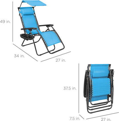 Folding Zero Gravity Outdoor Recliner Patio Lounge Chair w/Adjustable Canopy Shade, Headrest, Side Accessory Tray, Textilene Mesh - Beige
