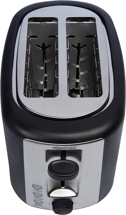 Amazon Basics 2 Slice Extra Wide Slot Toaster with Bagel Function, Removable Crumb Tray, 6 Browning Settings, Frozen Food Setting, Cancel Button, 900W, Black & Silver.