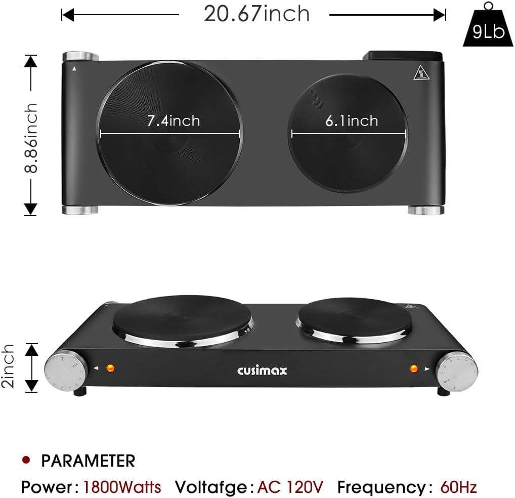 CUSIMAX Electric Hot Plate for Cooking Portable Single Burner 1500W Cast Iron hot plates Heat-up in Seconds Adjustable Temperature Control Stainless Steel Non-Slip Rubber Feet Upgraded Version B101