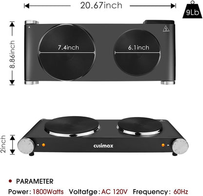 CUSIMAX Electric Hot Plate for Cooking Portable Single Burner 1500W Cast Iron hot plates Heat-up in Seconds Adjustable Temperature Control Stainless Steel Non-Slip Rubber Feet Upgraded Version B101