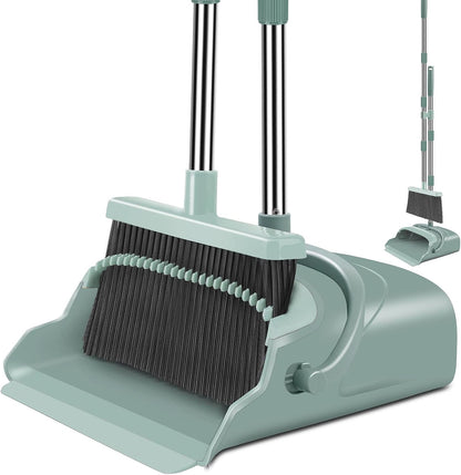 kelamayi Upgrade Stand Up Broom and Dustpan Set, Self-Cleaning with Dustpan Teeth, Ideal for Dog Cat Pets Home Use, Super Long Handle (Gray&Orange)