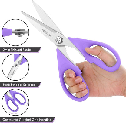 iBayam Kitchen Scissors All Purpose Heavy Duty Meat Poultry Shears, Dishwasher Safe Food Cooking Scissors Stainless Steel Utility Scissors, 2-Pack (Black Red, Black Gray)