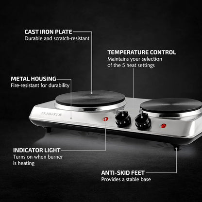 OVENTE Electric Countertop Double Burner, 1700W Cooktop with 7.25" and 6.10" Cast Iron Hot Plates, Temperature Control, Portable Cooking Stove and Easy to Clean Stainless Steel Base, Black BGS102B