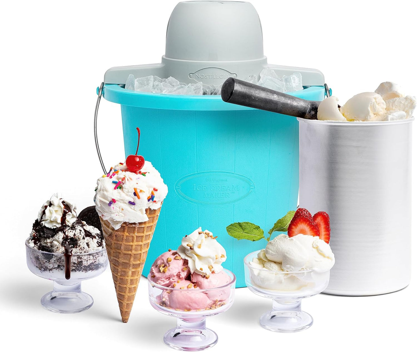 Nostalgia Electric Ice Cream Maker - Old Fashioned Soft Serve Ice Cream Machine Makes Frozen Yogurt or Gelato in Minutes - Fun Kitchen Appliance - Vintage Wooden Style - Light Wood - 4 Quart