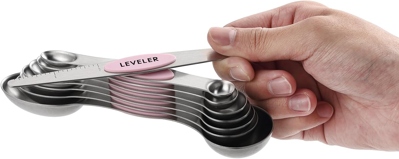 Spring Chef Magnetic Measuring Spoons Set with Strong N45 Magnets, Heavy Duty Stainless Steel Metal, Fits in Most Kitchen Spice Jars for Baking & Cooking, BPA Free, Black, Set of 8 with Leveler
