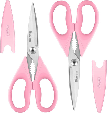 iBayam Kitchen Scissors All Purpose Heavy Duty Meat Poultry Shears, Dishwasher Safe Food Cooking Scissors Stainless Steel Utility Scissors, 2-Pack (Black Red, Black Gray)