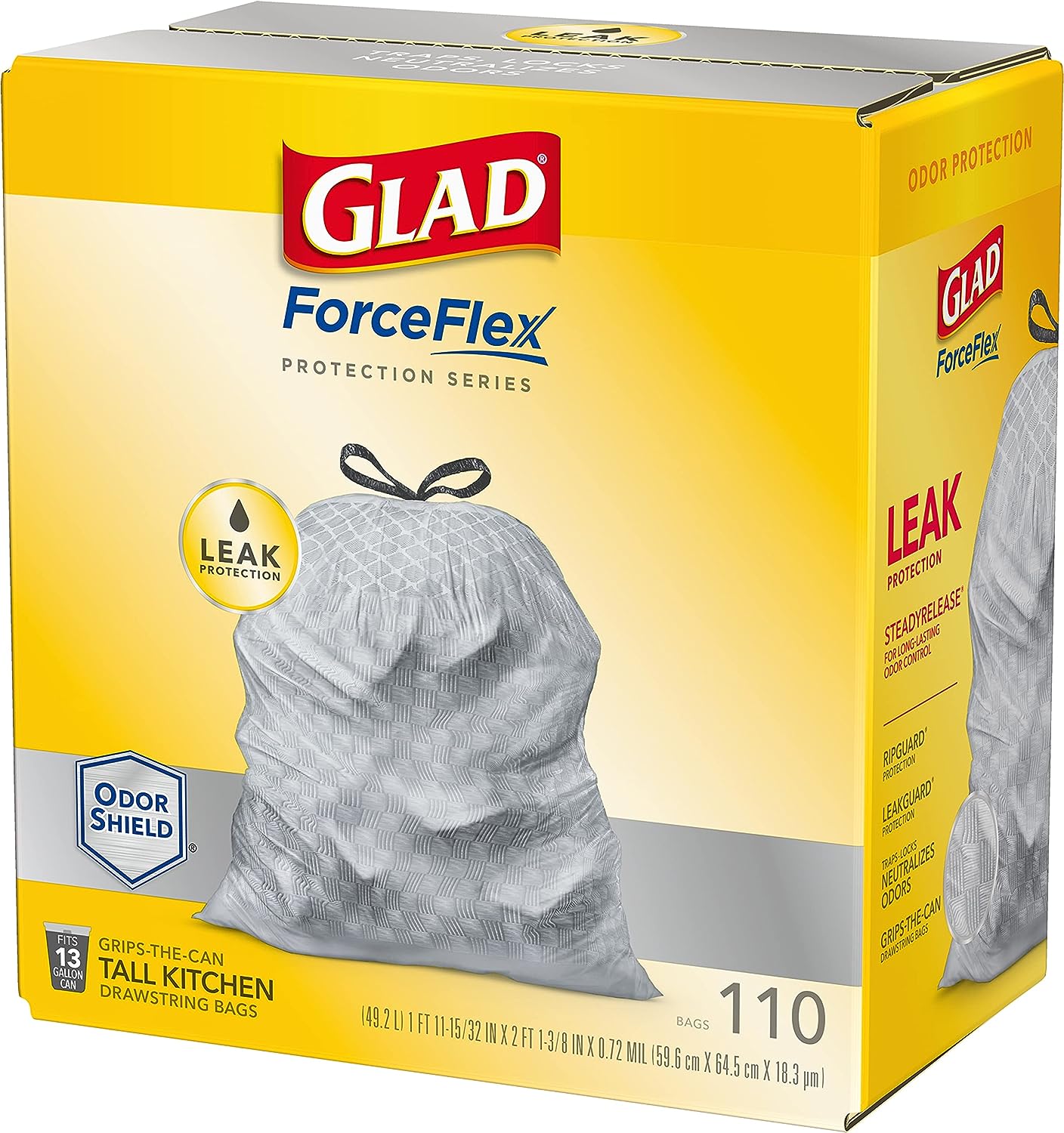GLAD ForceFlex Tall Kitchen Drawstring Trash Bags, 13 Gallon Grey Trash Bag for Kitchen Trash Can, Odor Shield, Odor Eliminator and Leak Protection, 110 Count