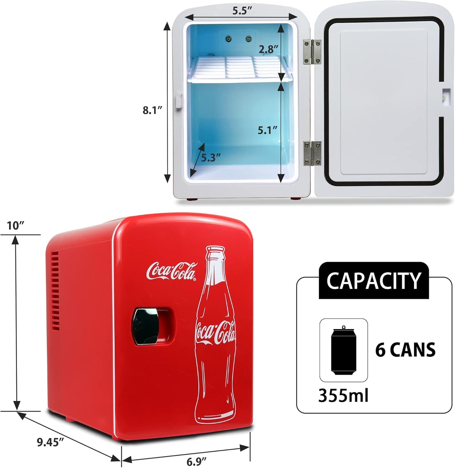 Coca-Cola Classic Coke Bottle 4L Mini Fridge w/ 12V DC and 110V AC Cords, 6 Can Portable Cooler, Personal Travel Refrigerator for Snacks Lunch Drinks Cosmetics, Desk Home Office Dorm, Red