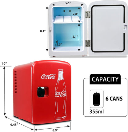 Coca-Cola Classic Coke Bottle 4L Mini Fridge w/ 12V DC and 110V AC Cords, 6 Can Portable Cooler, Personal Travel Refrigerator for Snacks Lunch Drinks Cosmetics, Desk Home Office Dorm, Red