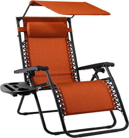 Folding Zero Gravity Outdoor Recliner Patio Lounge Chair w/Adjustable Canopy Shade, Headrest, Side Accessory Tray, Textilene Mesh - Beige