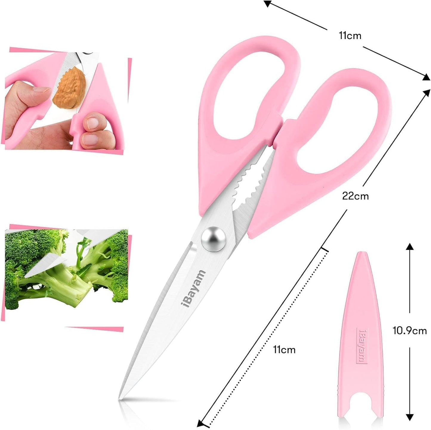 iBayam Kitchen Scissors All Purpose Heavy Duty Meat Poultry Shears, Dishwasher Safe Food Cooking Scissors Stainless Steel Utility Scissors, 2-Pack (Black Red, Black Gray)
