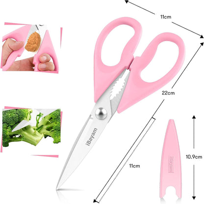 iBayam Kitchen Scissors All Purpose Heavy Duty Meat Poultry Shears, Dishwasher Safe Food Cooking Scissors Stainless Steel Utility Scissors, 2-Pack (Black Red, Black Gray)
