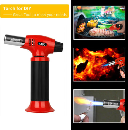 Sondiko Butane Torch S400, Refillable Kitchen Torch Lighter, Fit All Butane Tanks Blow Torch with Safety Lock and Adjustable Flame for Desserts, Creme Brulee, and Baking—Butane Gas Is Not Included