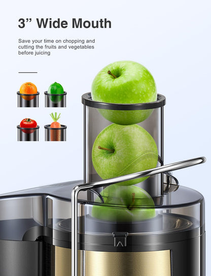 Qcen Juicer Machine, 800W Centrifugal Juicer Extractor with Wide Mouth 3” Feed Chute for Fruit Vegetable, Easy to Clean, Stainless Steel, BPA-free (Black)