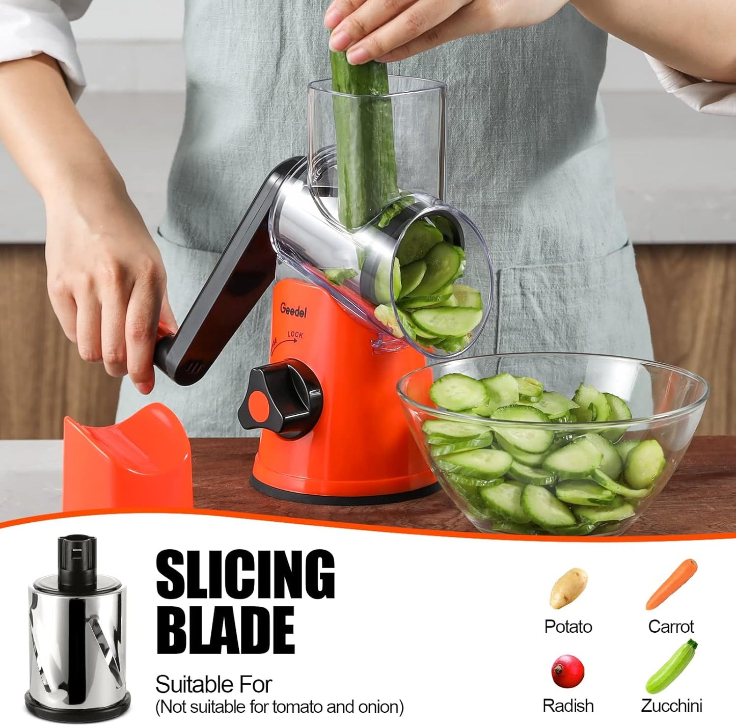 Geedel Rotary Cheese Grater, Kitchen Mandoline Vegetable Slicer with 3 Interchangeable Blades, Easy to Clean Grater for Fruit, Vegetables, Nuts