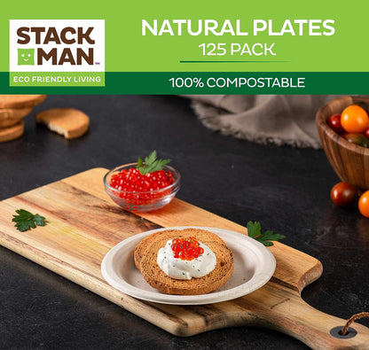 Paper Plates, 100% Compostable Heavy Duty Disposable Plate - [125-Pack] - {PFAS-Free} - {BPI Certified} - [9 Inch] Eco-Friendly, Biodegradable Bagasse Natural Brown 9" Dinner Plates - By Stack Man