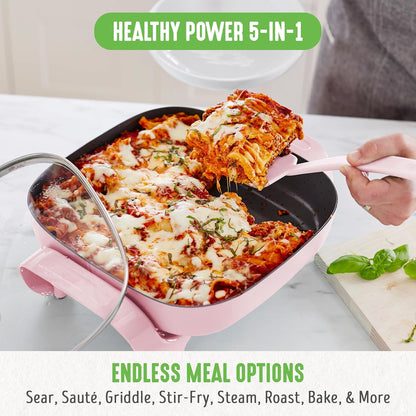 GreenLife 12" 5QT Square Electric Skillet, Glass Vented Lid, Ceramic PFAS-Free Nonstick Interior, Adjustable Temperature Control, Cool Touch Handles, Quick Even Heating, Scratch Resistant, Turquoise