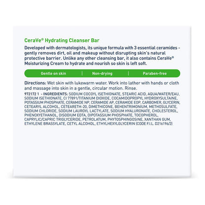 CeraVe Hydrating Cleanser Bar | Soap-Free Body and Facial Cleanser with 5% Cerave Moisturizing Cream | Fragrance-Free |2-Pack, 4.5 Ounce Each