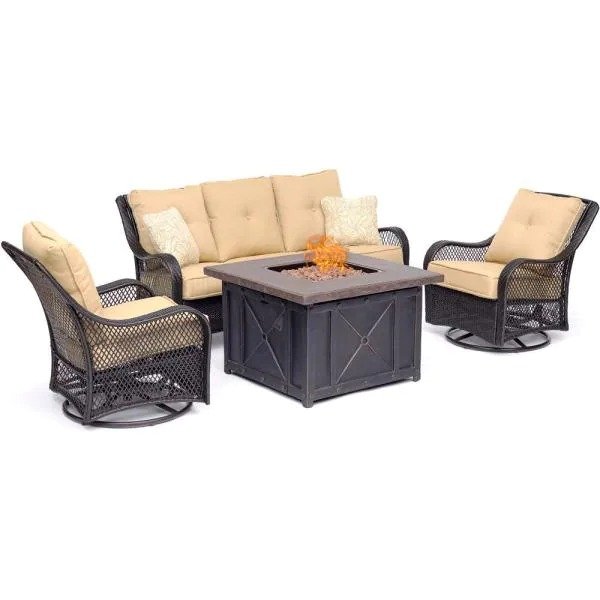 [Copy]4-Piece Woven Steel Patio Fire pit Seating Set with Sahara Sand Cushions, Sofa, Swivel Gliders and Fire pit