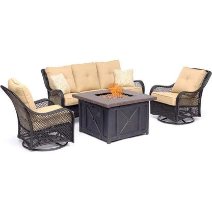 [Copy]4-Piece Woven Steel Patio Fire pit Seating Set with Sahara Sand Cushions, Sofa, Swivel Gliders and Fire pit