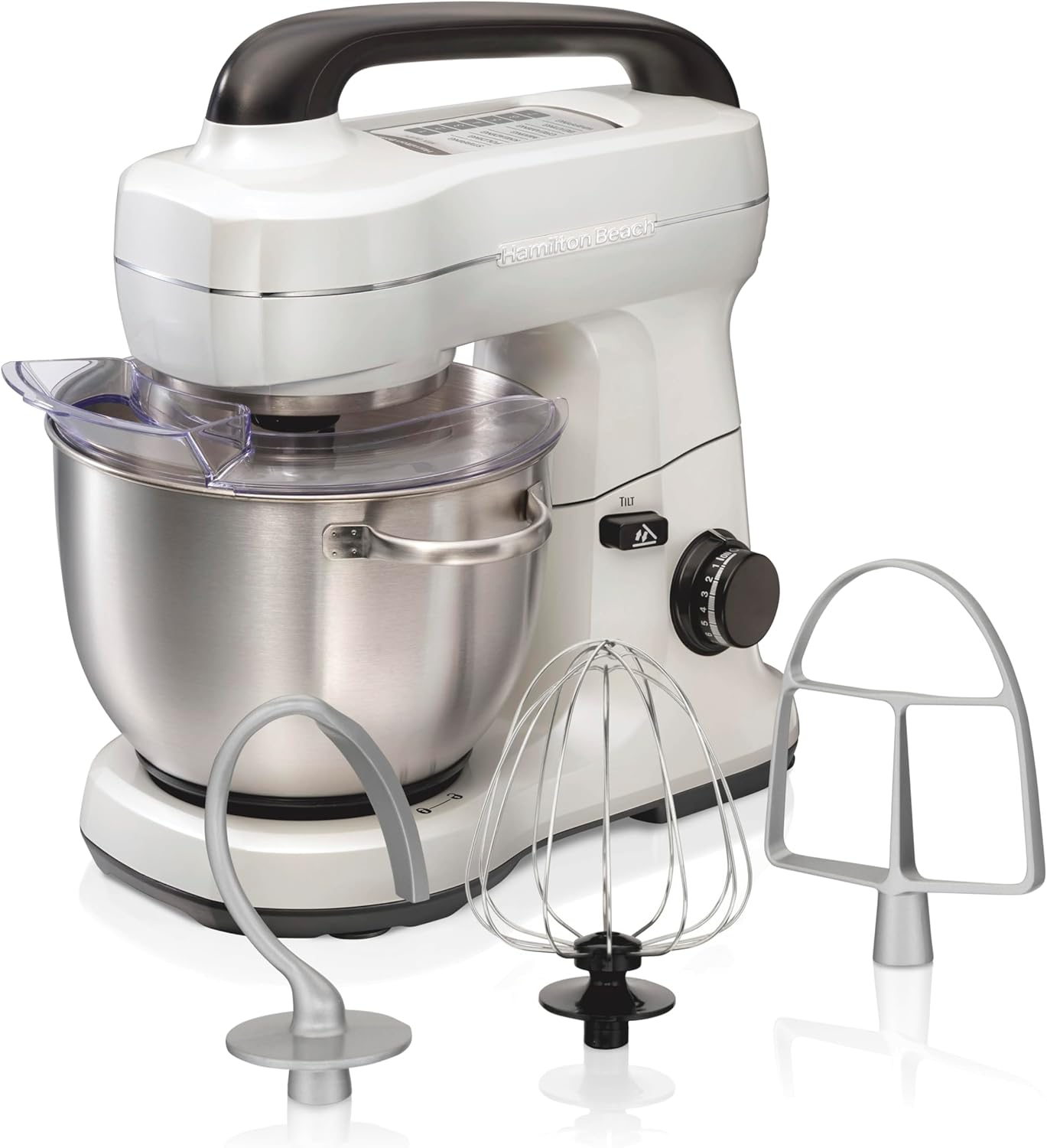 Hamilton Beach Electric Stand Mixer, 4 Quarts, Dough Hook, Flat Beater Attachments, Splash Guard 7 Speeds with Whisk, Black with Top Handle