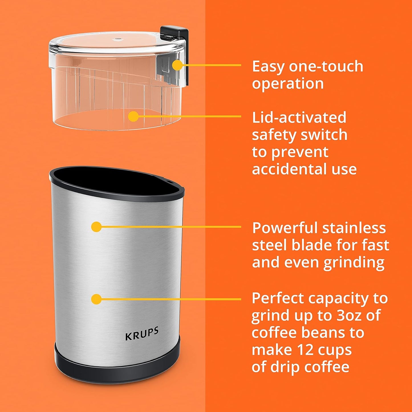 Krups One-Touch Coffee and Spice Grinder 3 Ounce Bean Hopper Easy to Use, One Touch Operation 200 Watts Coffee, Spices, Dry Herbs, Nuts, 12 Cup Black