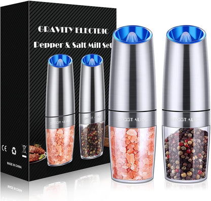 Sweet Alice Gravity Electric Pepper and Salt Grinder Set, Adjustable Coarseness, Battery Powered with LED Light, One Hand Automatic Operation, Stainless Steel Black, 2 Pack