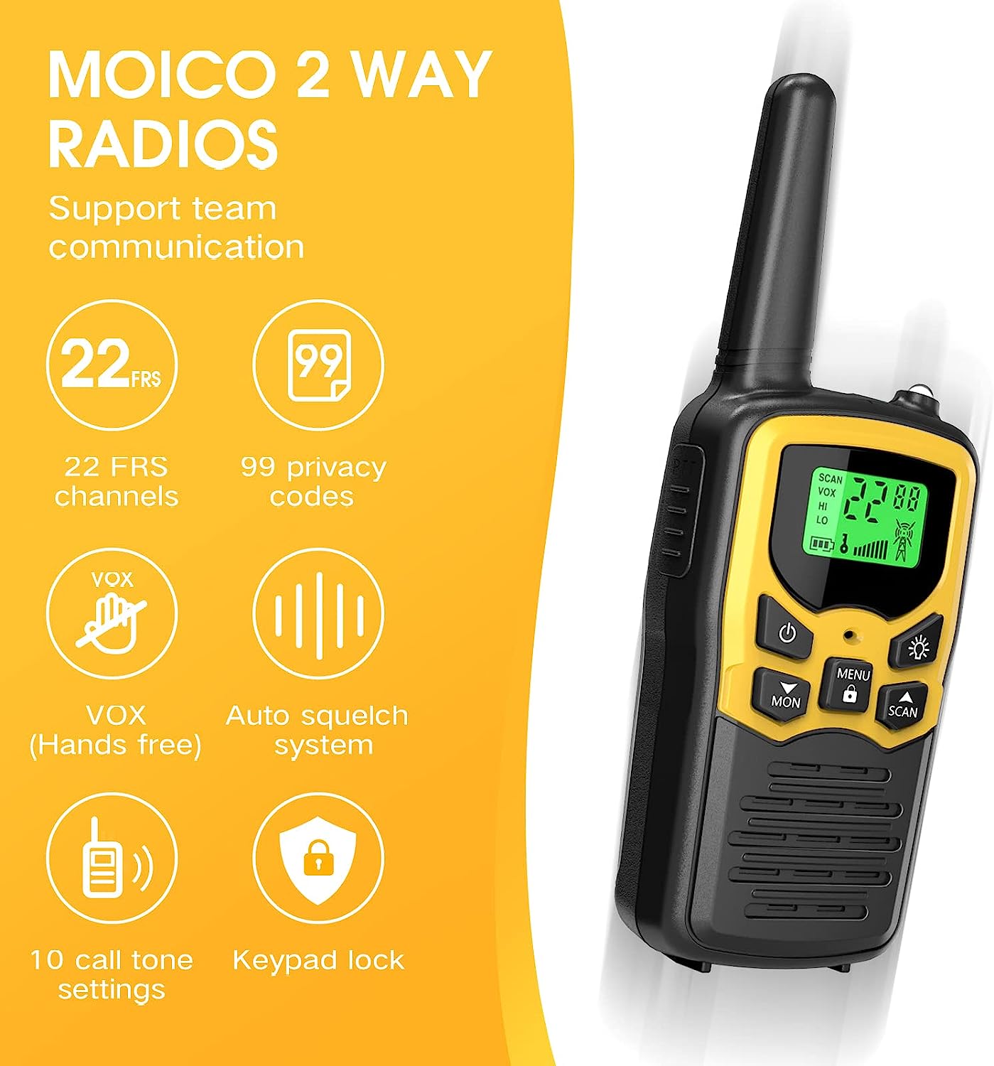Walkie Talkies, MOICO Long Range Walkie Talkies for Adults with 22 FRS Channels, Family Walkie Talkie with LED Flashlight VOX LCD Display for Hiking Camping Trip (Orange 2 Pack)