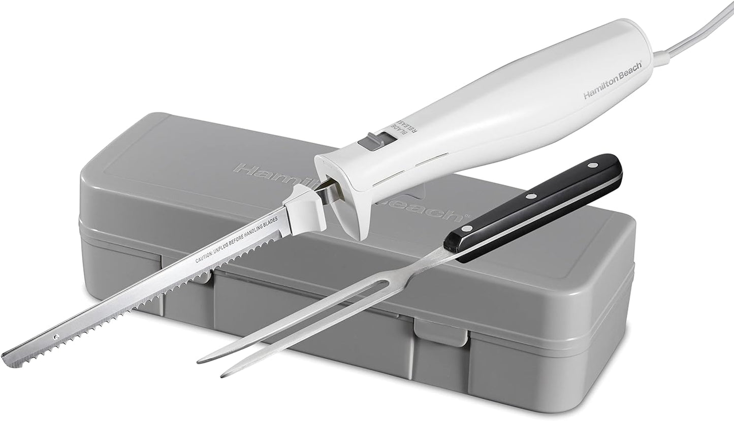 Hamilton Beach Electric Knife Set for Carving Meats, Poultry, Bread, Crafting Foam & More, Reciprocating Serrated Stainless Steel Blades, Ergonomic Design Storage Case + Fork Included, 5 Foot Cord