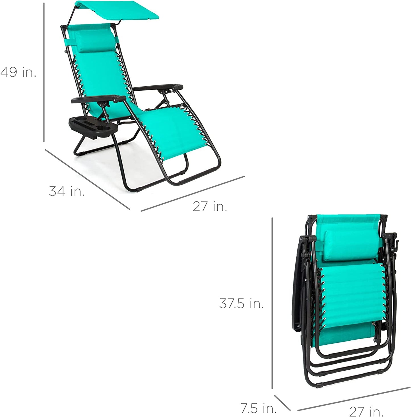 Folding Zero Gravity Outdoor Recliner Patio Lounge Chair w/Adjustable Canopy Shade, Headrest, Side Accessory Tray, Textilene Mesh - Beige