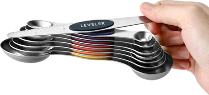 Spring Chef Magnetic Measuring Spoons Set with Strong N45 Magnets, Heavy Duty Stainless Steel Metal, Fits in Most Kitchen Spice Jars for Baking & Cooking, BPA Free, Black, Set of 8 with Leveler