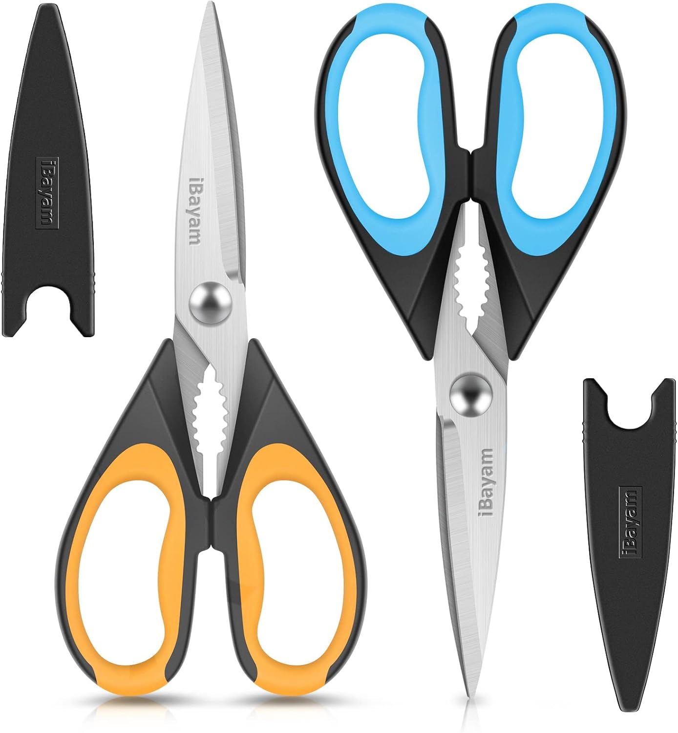 iBayam Kitchen Scissors All Purpose Heavy Duty Meat Poultry Shears, Dishwasher Safe Food Cooking Scissors Stainless Steel Utility Scissors, 2-Pack (Black Red, Black Gray)