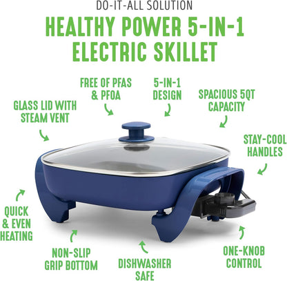 GreenLife 12" 5QT Square Electric Skillet, Glass Vented Lid, Ceramic PFAS-Free Nonstick Interior, Adjustable Temperature Control, Cool Touch Handles, Quick Even Heating, Scratch Resistant, Turquoise