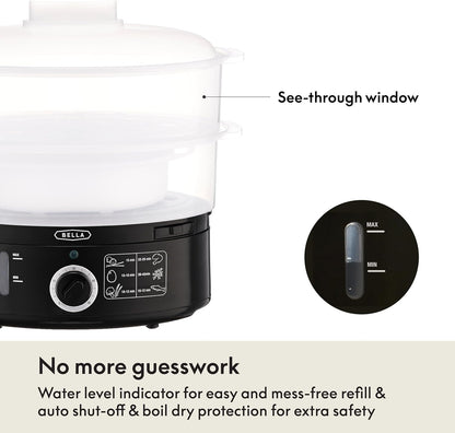 BELLA Two Tier Food Steamer with Dishwasher Safe Lids and Stackable Baskets & Removable Base for Fast Simultaneous Cooking - Auto Shutoff & Boil Dry Protection, Stainless Steel, 7.4 QT, Black