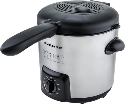 OVENTE Electric Deep Fryer 2 Liter Capacity, 1500 Watt Lid with Viewing Window and Odor Filter, Adjustable Temperature, Removable Frying Basket and Easy to Clean Stainless Steel Body, Silver FDM2201BR