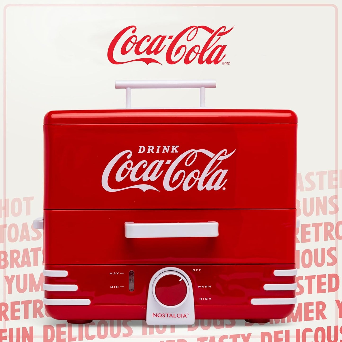 Nostalgia Extra Large Diner-Style Coca-Cola Hot Dog Steamer and Bun Warmer, 24 Hot Dog and 12 Bun Capacity, Steam Bratwursts, Sausages, Vegetables, Fish, Dumplings, Red