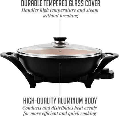 OVENTE 12 Inch Electric Skillet and Frying Pan with Nonstick Coating, 1400W Power, Adjustable Temperature Control, Tempered Glass Lid with Vent and Cool Touch Handles, Black SK11112B