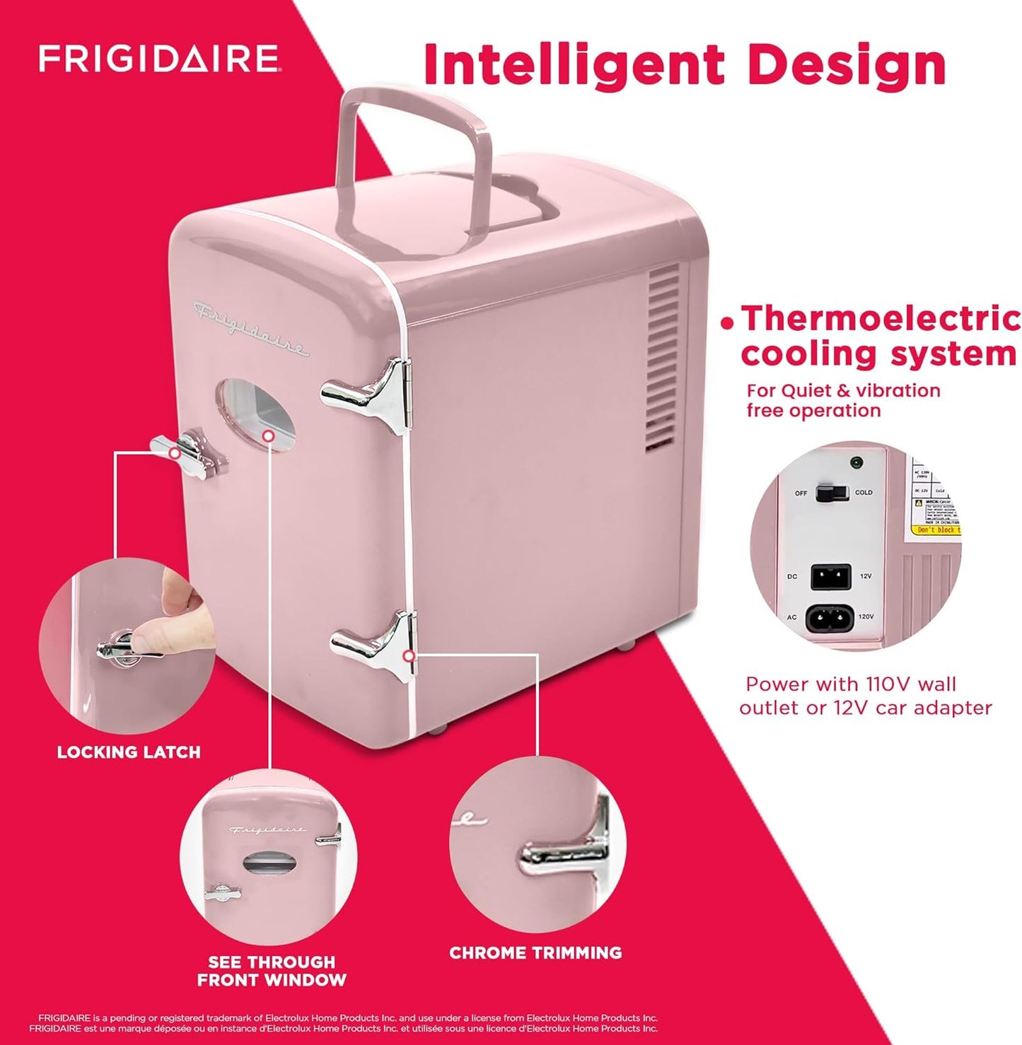 Frigidaire Retro Mini Fridge Cooler, 4L Capacity Chills 6 12oz Cans, 100% Freon-Free & Eco Friendly, Portable Fridge for Car, Office, Bedroom, Dorm Room, or Cabin - 9.84"D x 7.09"W x 10.35"H (Pink)