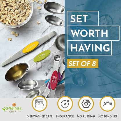 Spring Chef Magnetic Measuring Spoons Set with Strong N45 Magnets, Heavy Duty Stainless Steel Metal, Fits in Most Kitchen Spice Jars for Baking & Cooking, BPA Free, Black, Set of 8 with Leveler