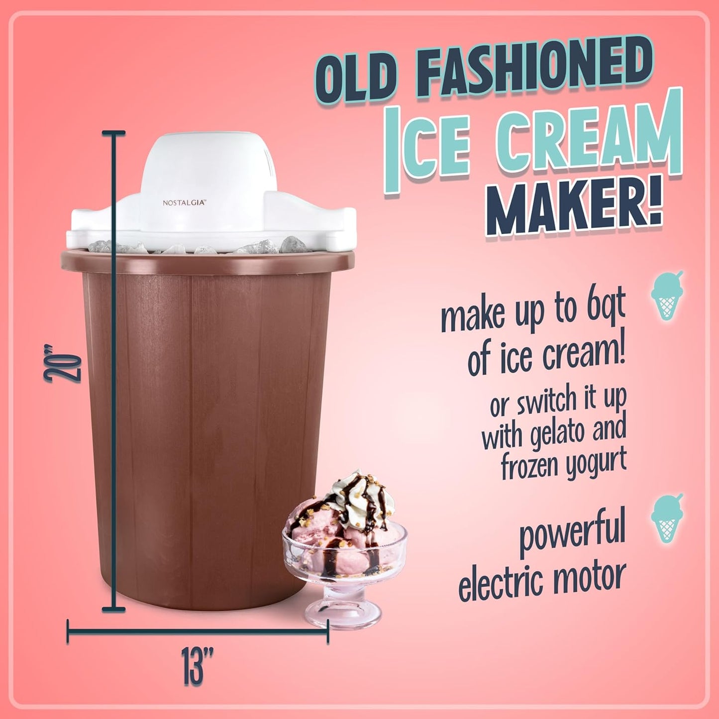 Nostalgia Electric Ice Cream Maker - Old Fashioned Soft Serve Ice Cream Machine Makes Frozen Yogurt or Gelato in Minutes - Fun Kitchen Appliance - Vintage Wooden Style - Light Wood - 4 Quart