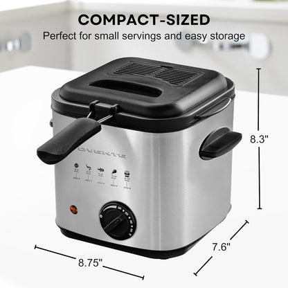OVENTE Electric Deep Fryer 2 Liter Capacity, 1500 Watt Lid with Viewing Window and Odor Filter, Adjustable Temperature, Removable Frying Basket and Easy to Clean Stainless Steel Body, Silver FDM2201BR