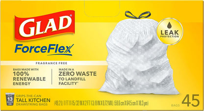 GLAD ForceFlex Tall Drawstring Trash Bags, 13 Gallon White Trash Bags for Tall Kitchen Trash Can, Unscented Leak Protection Bags, 120 Count - Packaging May Vary
