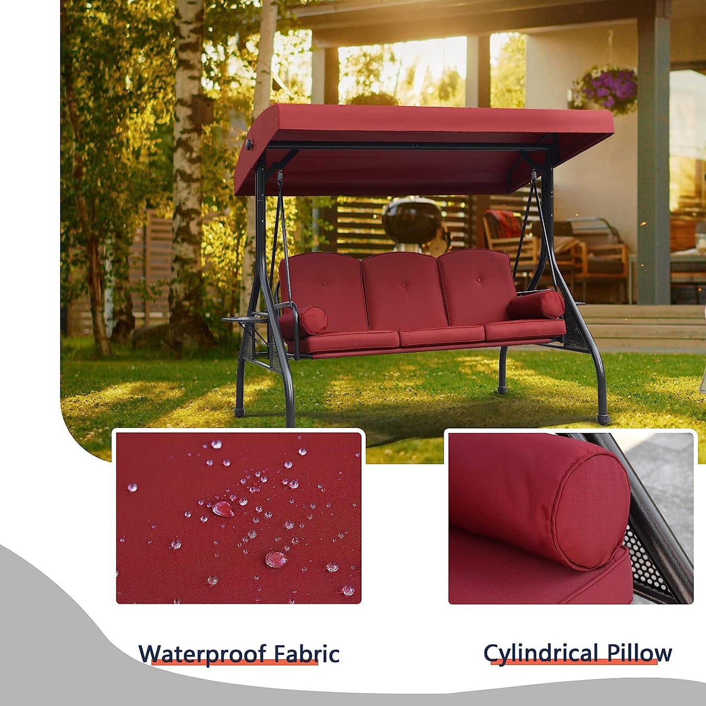 NOBLEMOOD Patio Porch Swing, 3-Seat Outdoor Swing with Adjustable Canopy, Thickened Cushion, Pillow and Foldable Side Tray for Patio, Backyard, Porch Swing Bed for Spring(Khaki)